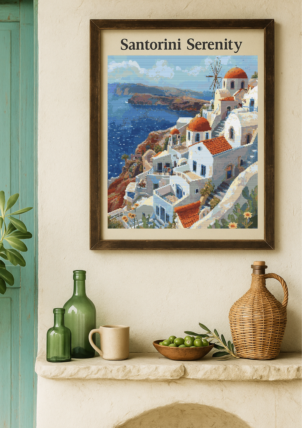 Santorini Serenity | Cross-Stitch Pattern (PDF) | Cliffside Whitewashed Homes & Aegean Sea View – Inspired by the Beauty of Santorini (220 × 293 Stitches) | with DMC & Anchor Floss Key