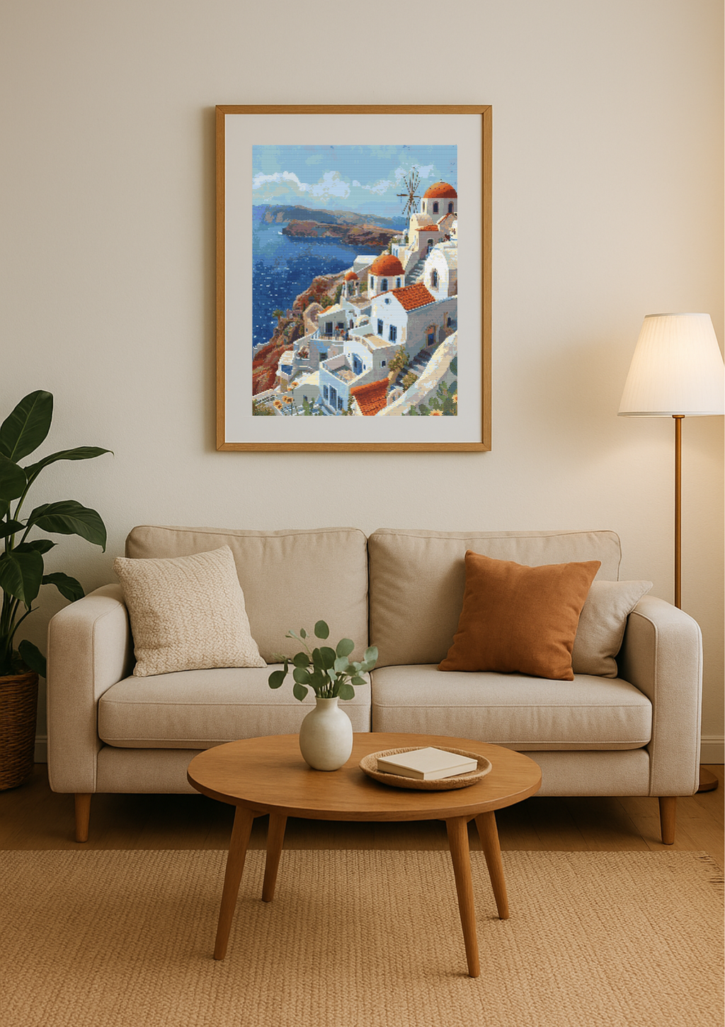 Santorini Serenity | Cross-Stitch Pattern (PDF) | Cliffside Whitewashed Homes & Aegean Sea View – Inspired by the Beauty of Santorini (220 × 293 Stitches) | with DMC & Anchor Floss Key