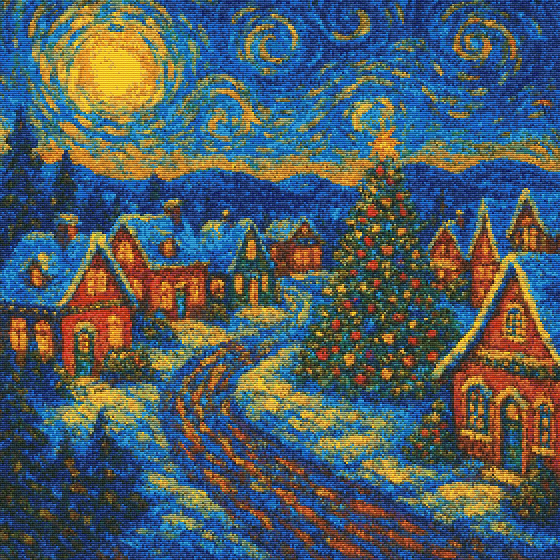 Starry Christmas Village – Van Gogh Style | Cross-Stitch Pattern (PDF) | Holiday Winter Night Embroidery Design (280 x 280 Stitches) | with DMC &amp; Anchor Floss Key