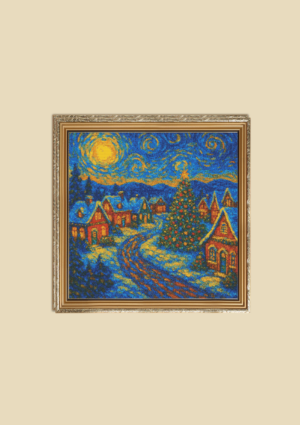 Starry Christmas Village – Van Gogh Style | Cross-Stitch Pattern (PDF) | Holiday Winter Night Embroidery Design (280 x 280 Stitches) | with DMC &amp; Anchor Floss Key