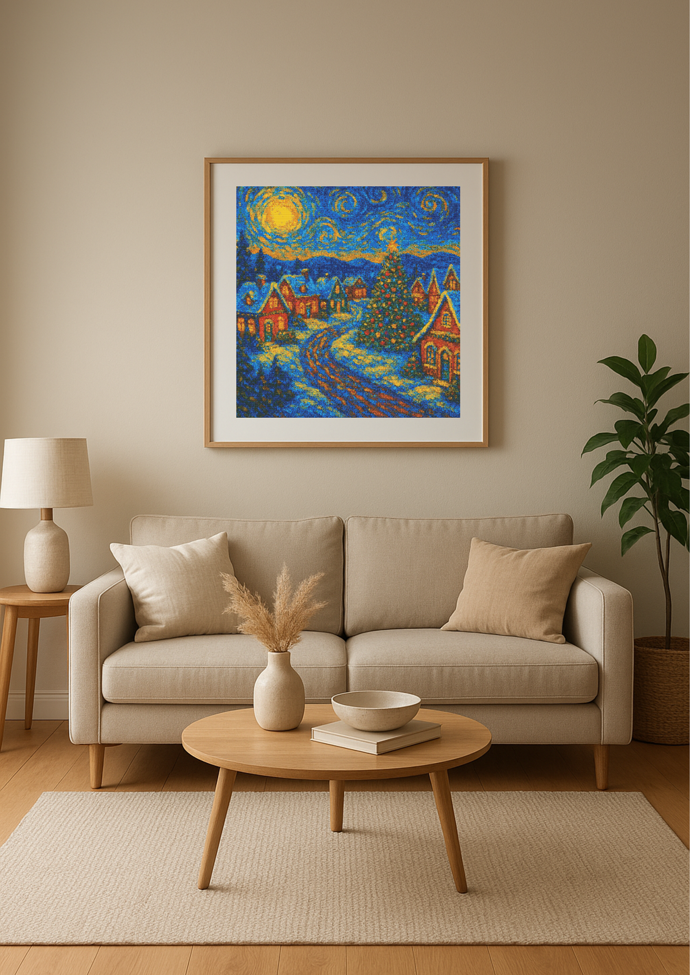 Starry Christmas Village – Van Gogh Style | Cross-Stitch Pattern (PDF) | Holiday Winter Night Embroidery Design (280 x 280 Stitches) | with DMC &amp; Anchor Floss Key