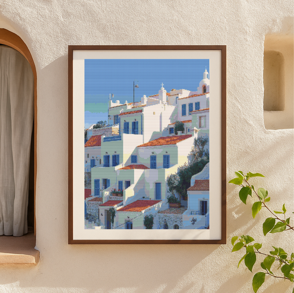 Sunlit Mediterranean Village | Cross-Stitch Pattern (PDF) | Seaside Whitewashed Homes & Terracotta Rooftops – Inspired by the Charm of the Mediterranean Coast (220 × 293 Stitches) | with DMC & Anchor Floss Key