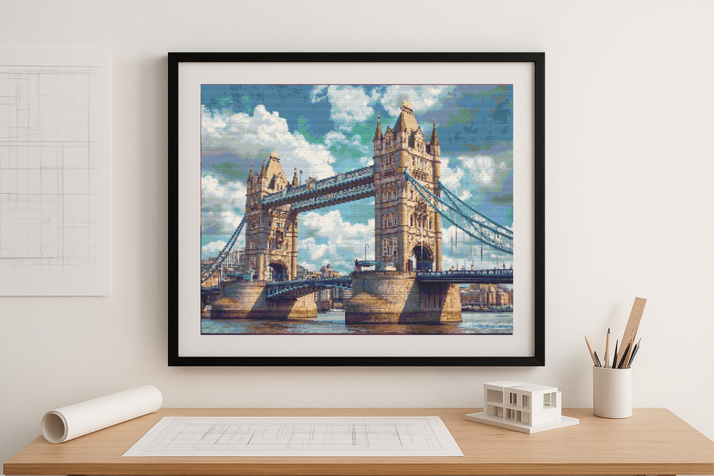 Tower Bridge Reflections | Cross-Stitch Pattern PDF | London Landmark Embroidery | Elegant Cityscape Art | 299×225 Stitches | DMC & Anchor Floss | Bridges of the World Series