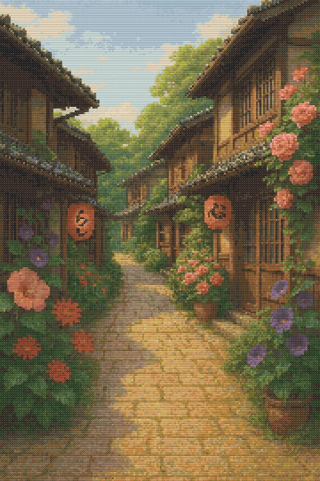 Tranquil Lantern Lane | Cross-Stitch Pattern (PDF) | Peaceful Japanese Street Scene (180 x 270 Stitches) | with DMC & Anchor Floss Key