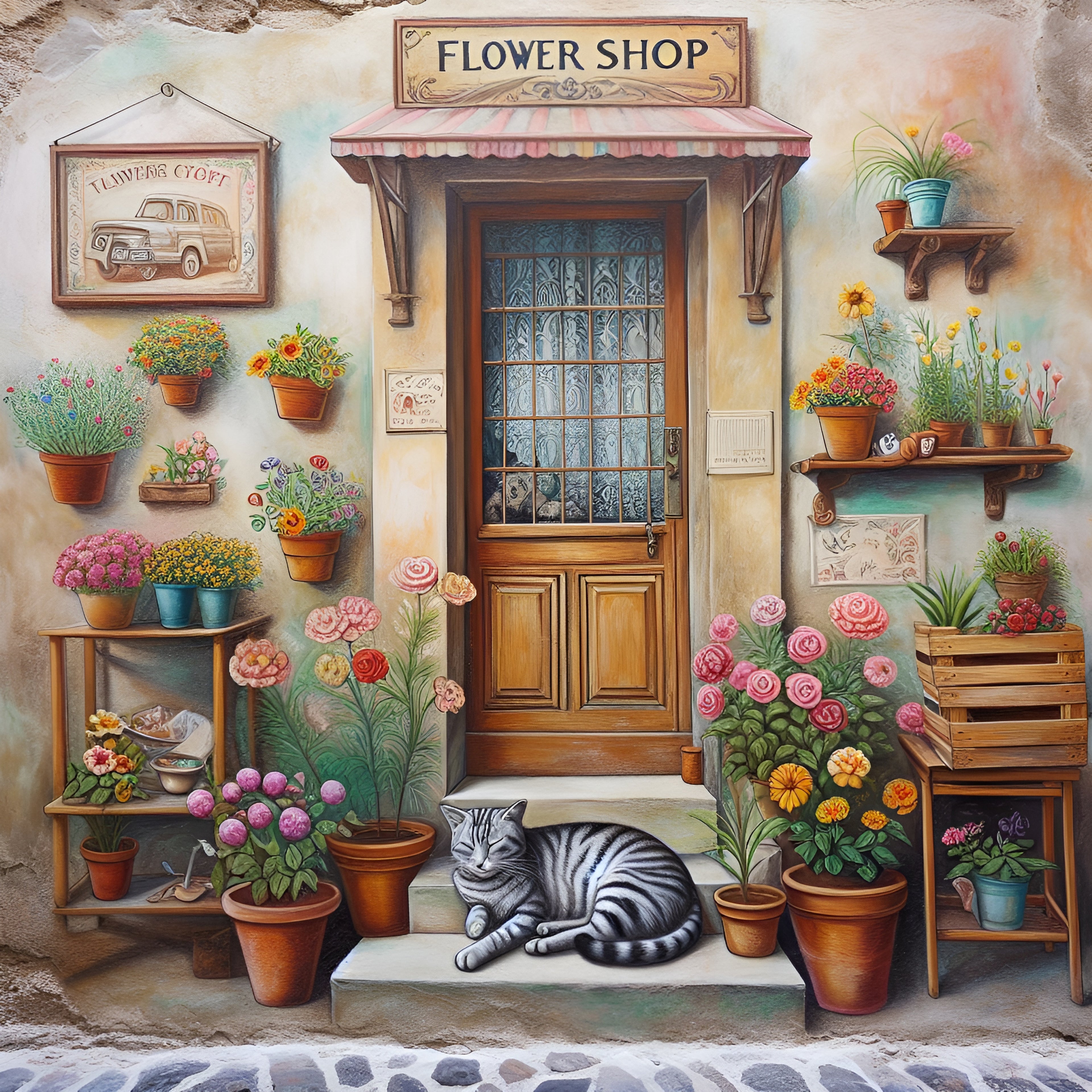 “The Cat at the Flower Shop” Cross Stitch Pattern (PDF) Bring cozy charm and vintage warmth to your stitching collection.