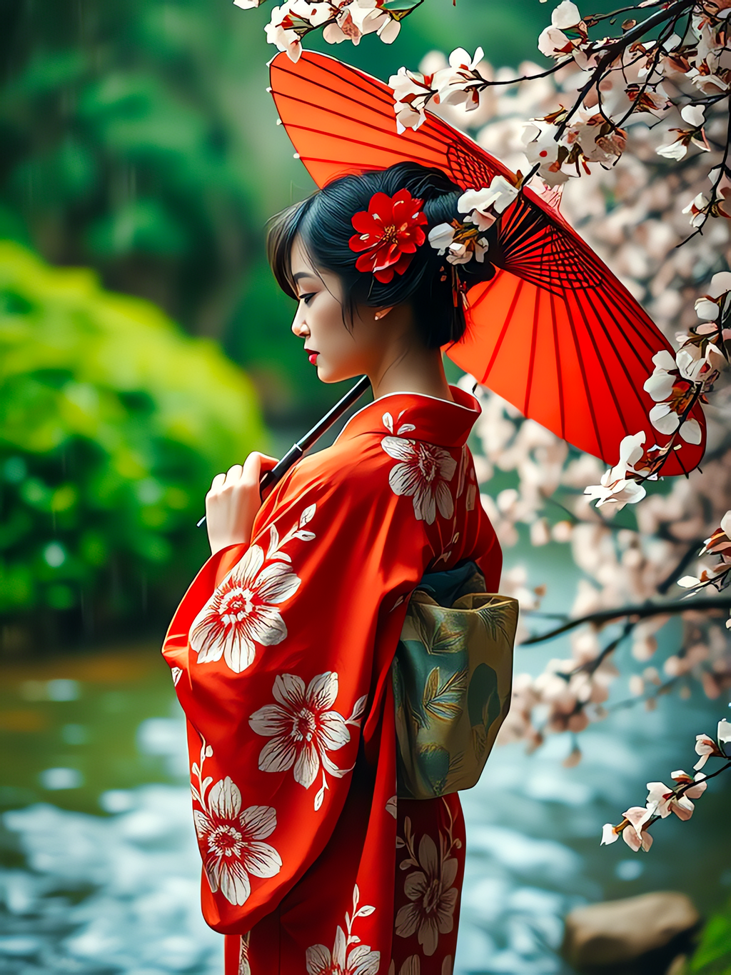 Spring Elegance of Japan – Cross Stitch Pattern PDF | Geisha Kimono Embroidery Design | Japanese Cherry Blossom Scene | Instant Digital Download