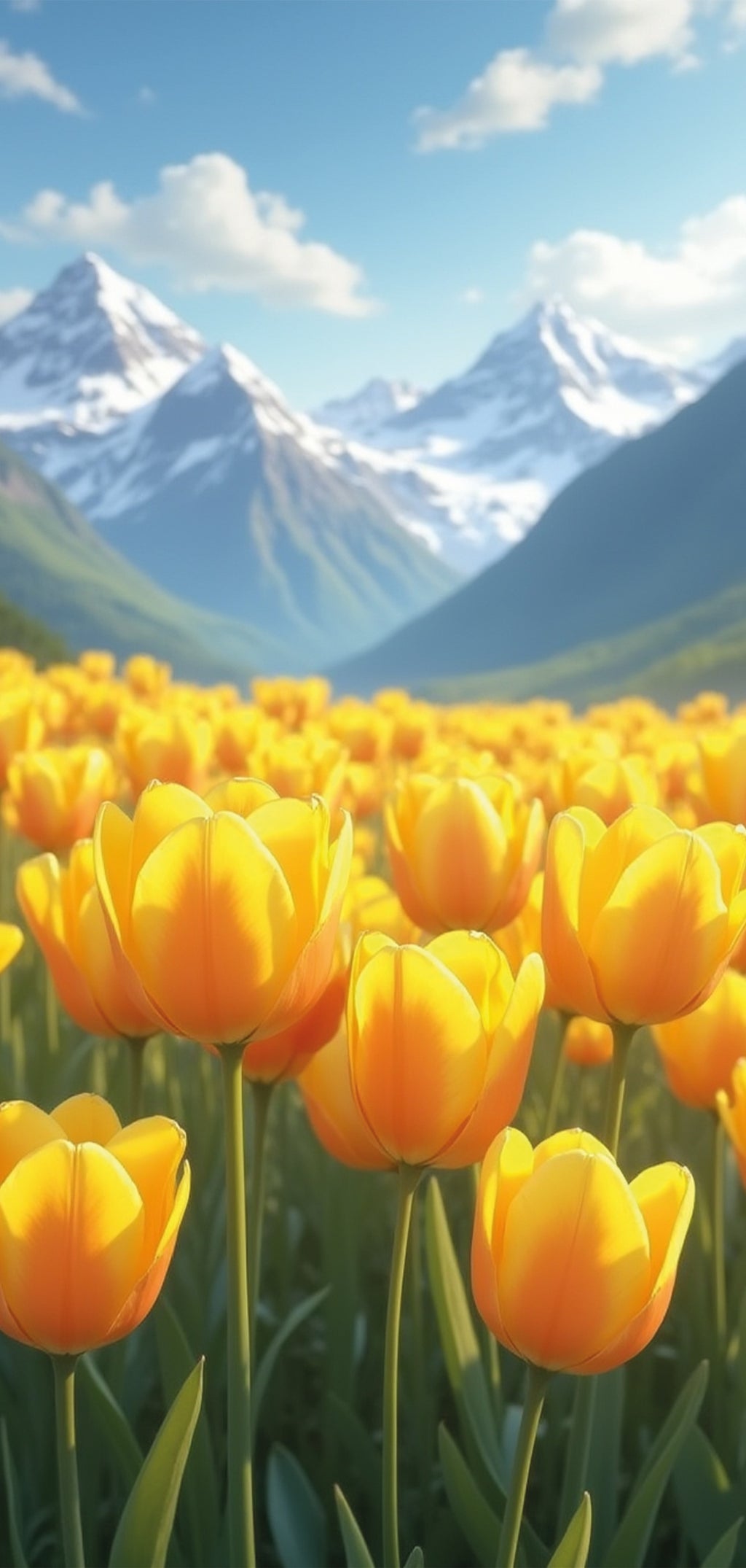 “Golden Valley Blooms” Mountain Landscape Cross Stitch Pattern (PDF) Snowy Peaks &amp; Yellow Tulip Field