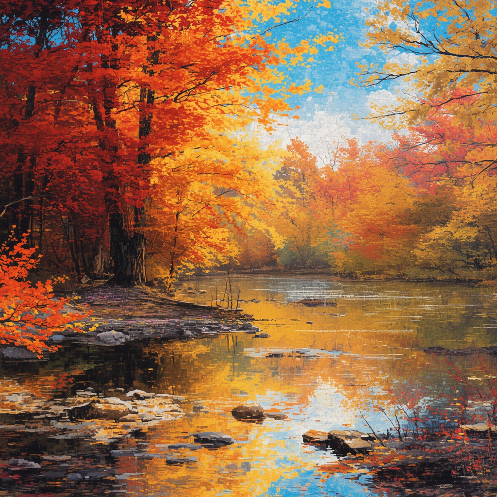 Autumn Whispers by the River | Cross-Stitch Pattern (PDF) | Tranquil Fall Landscape with Glowing Trees & Gentle Reflections | 250 × 250 Stitches | DMC & Anchor Floss Key