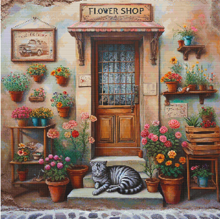 “The Cat at the Flower Shop” Cross Stitch Pattern (PDF) Bring cozy charm and vintage warmth to your stitching collection.