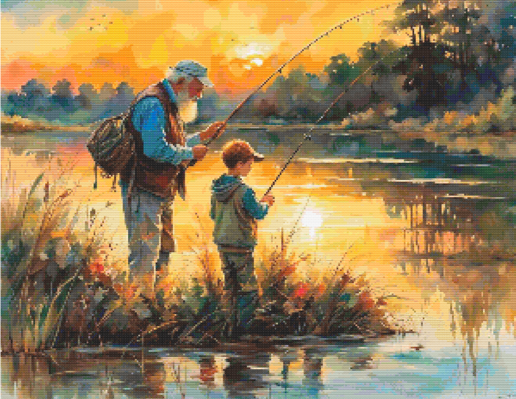 Grandfather & Grandson Fishing Cross Stitch Pattern | Sunset Lake | Rustic Cabin Decor | Gift for Dad or Grandpa | PDF Instant Download