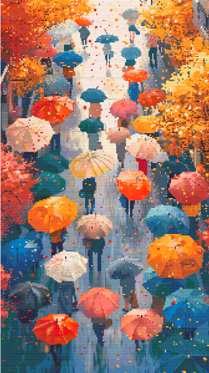 Autumn in Paris Cross Stitch Pattern | Colorful Umbrellas Street Scene | Rainy Day City Embroidery PDF | Fall Landscape Needlework Design