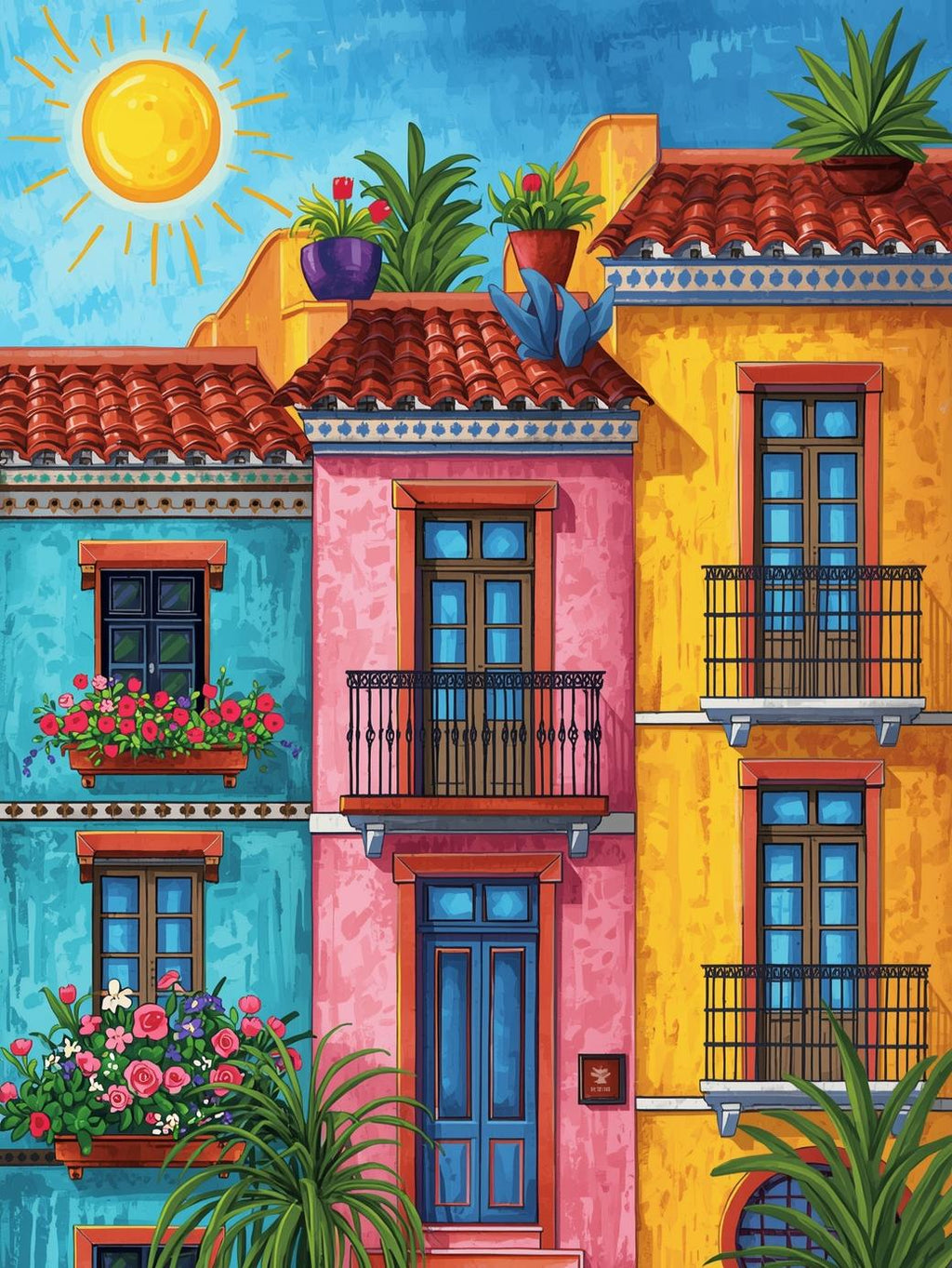 Mediterranean Sunlight | Cross-Stitch Pattern (PDF) | Colorful Mediterranean Village Scene (225 x 299 Stitches) | with DMC & Anchor Floss Key