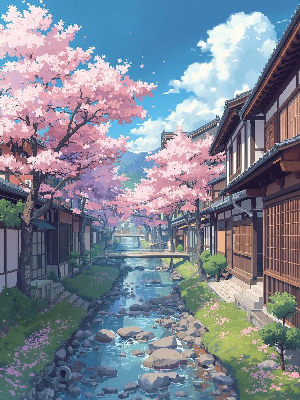 Whispers of Kyoto Spring | Cross-Stitch Pattern (PDF) | Sakura Blossoms Over Traditional Japanese Street – Tranquil Kyoto Landscape Embroidery (225 × 300 Stitches) | DMC & Anchor Floss Key