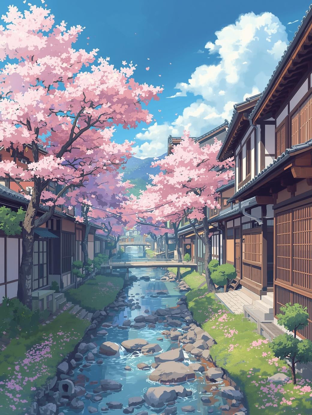 Whispers of Kyoto Spring | Cross-Stitch Pattern (PDF) | Sakura Blossoms Over Traditional Japanese Street – Tranquil Kyoto Landscape Embroidery (225 × 300 Stitches) | DMC & Anchor Floss Key