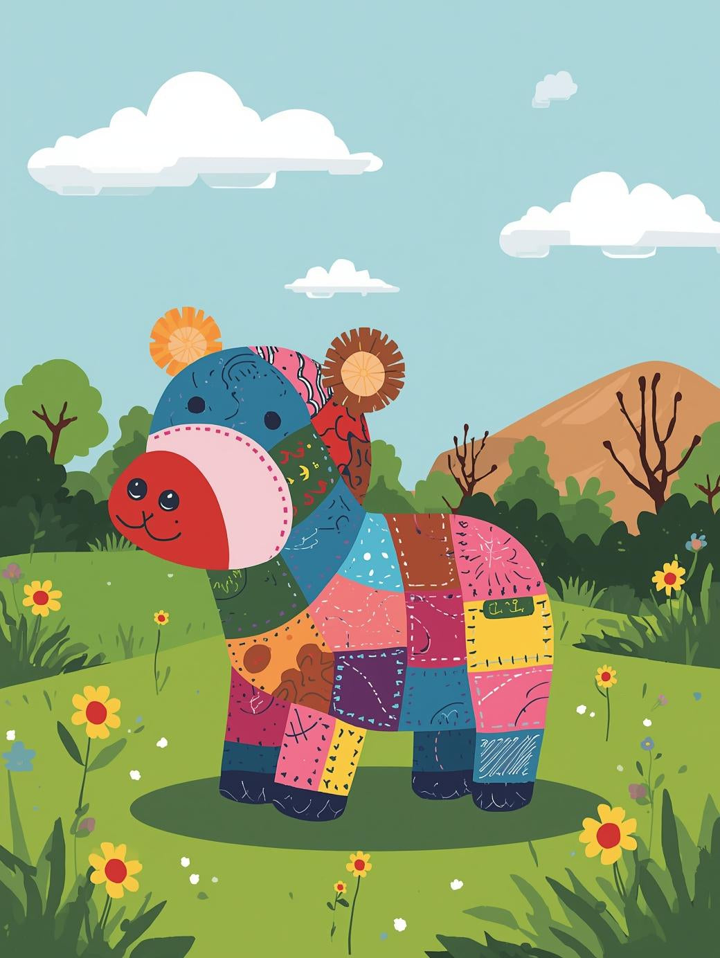 Happy Patchwork Hippo | Cross-Stitch Pattern PDF | Cute Nursery Animal Embroidery | Patchwork Pals Series | 120×160 Stitches | DMC & Anchor Floss Key