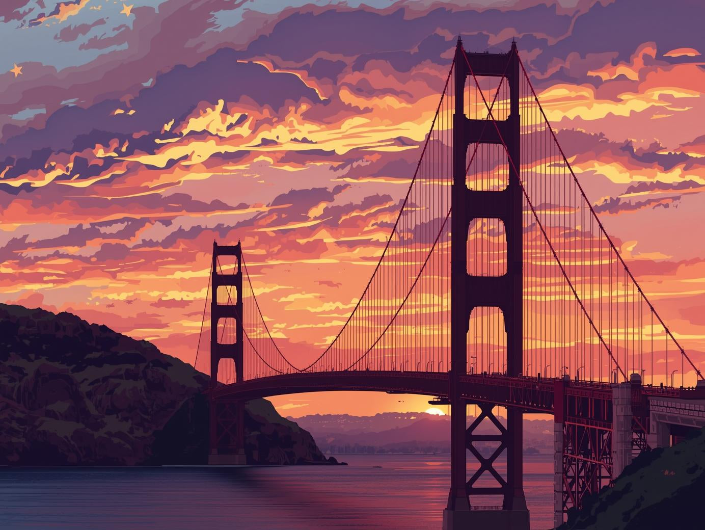 Golden Gate at Sunset | Cross-Stitch Pattern PDF | Iconic Bridge Embroidery Art | San Francisco Skyline | 299×225 Stitches | DMC & Anchor Floss | Bridges of the World Series