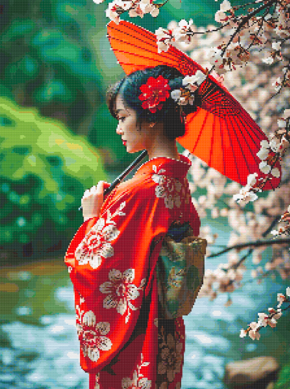 Spring Elegance of Japan – Cross Stitch Pattern PDF | Geisha Kimono Embroidery Design | Japanese Cherry Blossom Scene | Instant Digital Download