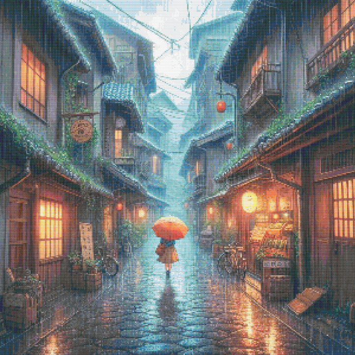 “Rainy Twilight Japanese Alley Cross Stitch Pattern | PDF Instant Download | Lantern Street Embroidery Chart | Modern Japanese Scene Needlework Design”