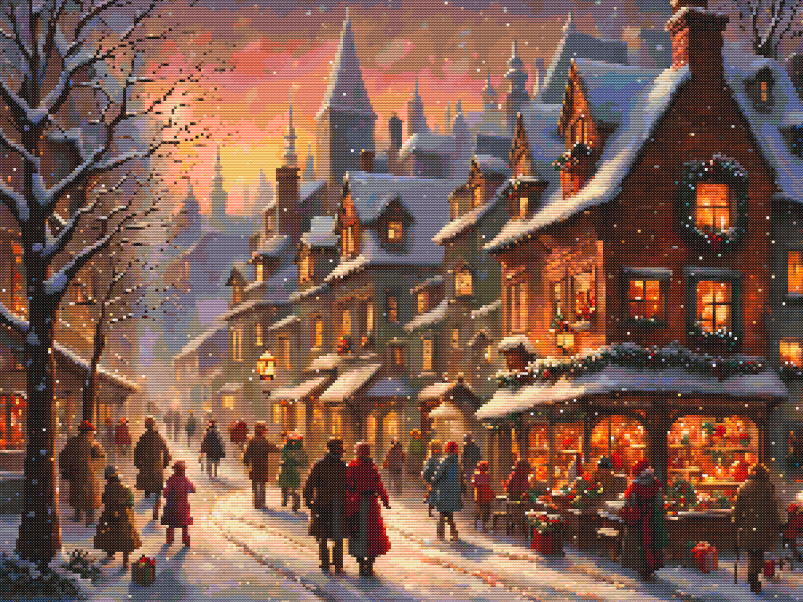 Victorian Christmas Village Cross Stitch Pattern | PDF Instant Download | Winter Holiday Street Scene | Vintage Christmas Embroidery Design