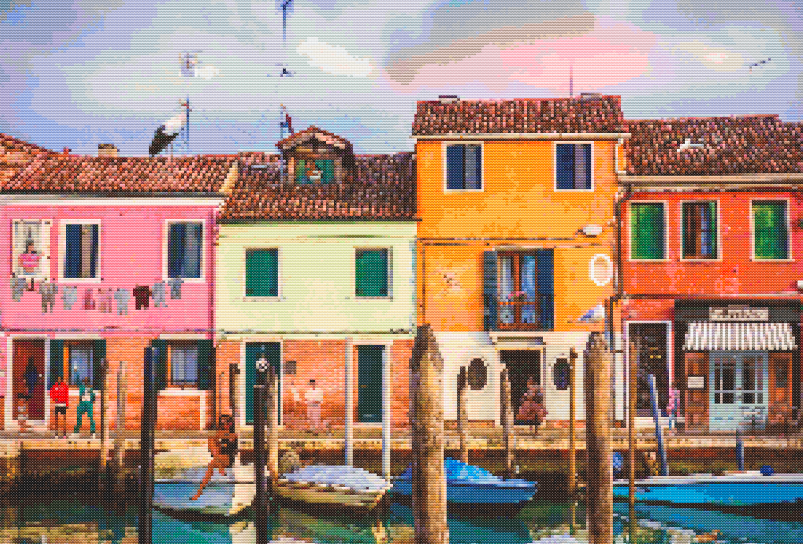 Colorful Houses of Burano – Cross Stitch Pattern PDF | Italian Canal Scene | Vibrant Waterfront Embroidery Design | Instant Digital Download