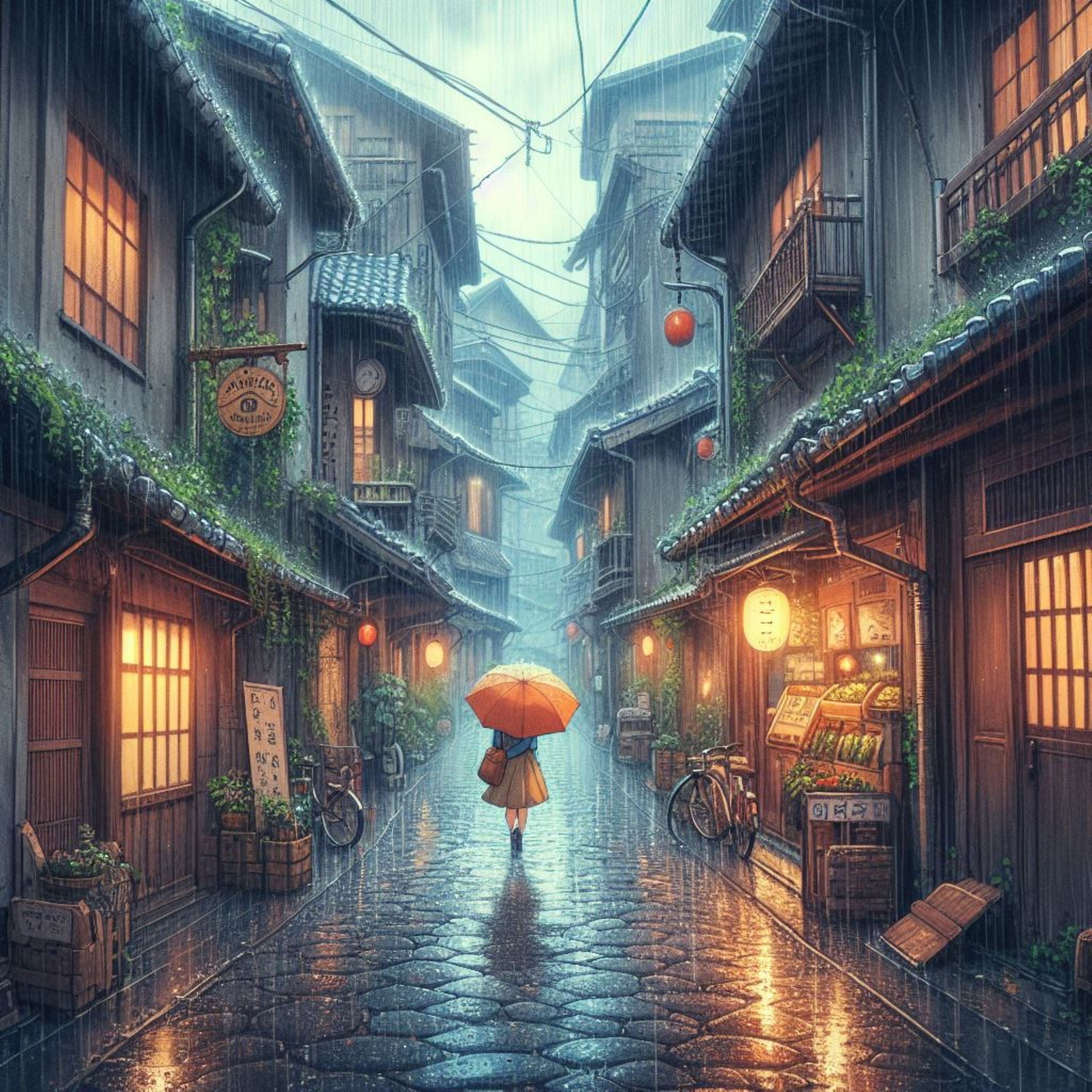 “Rainy Twilight Japanese Alley Cross Stitch Pattern | PDF Instant Download | Lantern Street Embroidery Chart | Modern Japanese Scene Needlework Design”