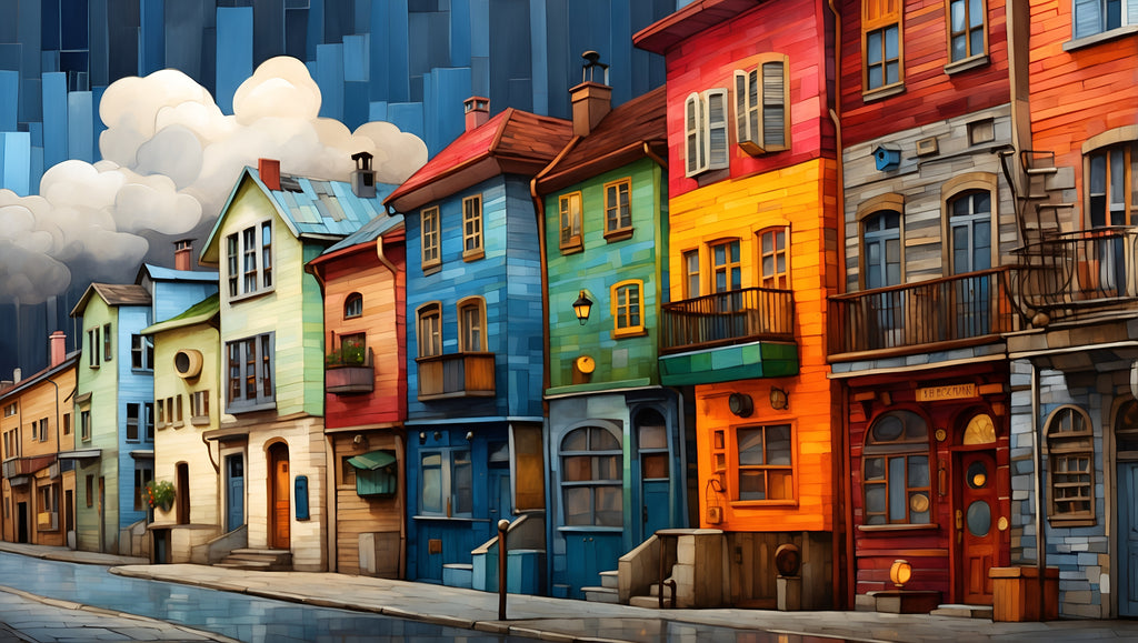 Colorful European Street Cross Stitch Pattern PDF | Modern Cityscape Embroidery Design | Urban Houses Needlepoint Wall Art | Instant Download DIY Stitch Gift | 300x170 Stitches