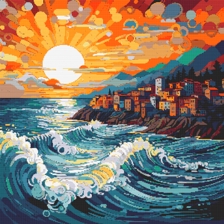 Coastal Sunset Cross Stitch Pattern PDF | Ocean Waves Embroidery Design | Seaside Landscape Needlepoint | Modern Mosaic Sea View | Digital Download